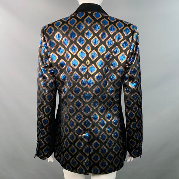 ETRO Size 8 Black Blue Metallic Geometric Peak Lapel Jacket Blazer - Picture 5 of 10